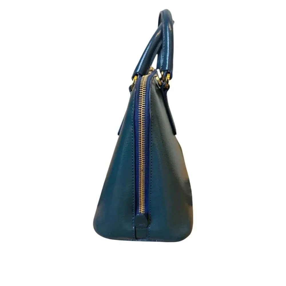 Prada Azzuro Saffiano Vernice Leather Bowler Double-Top Handle Lux Promenade Bag